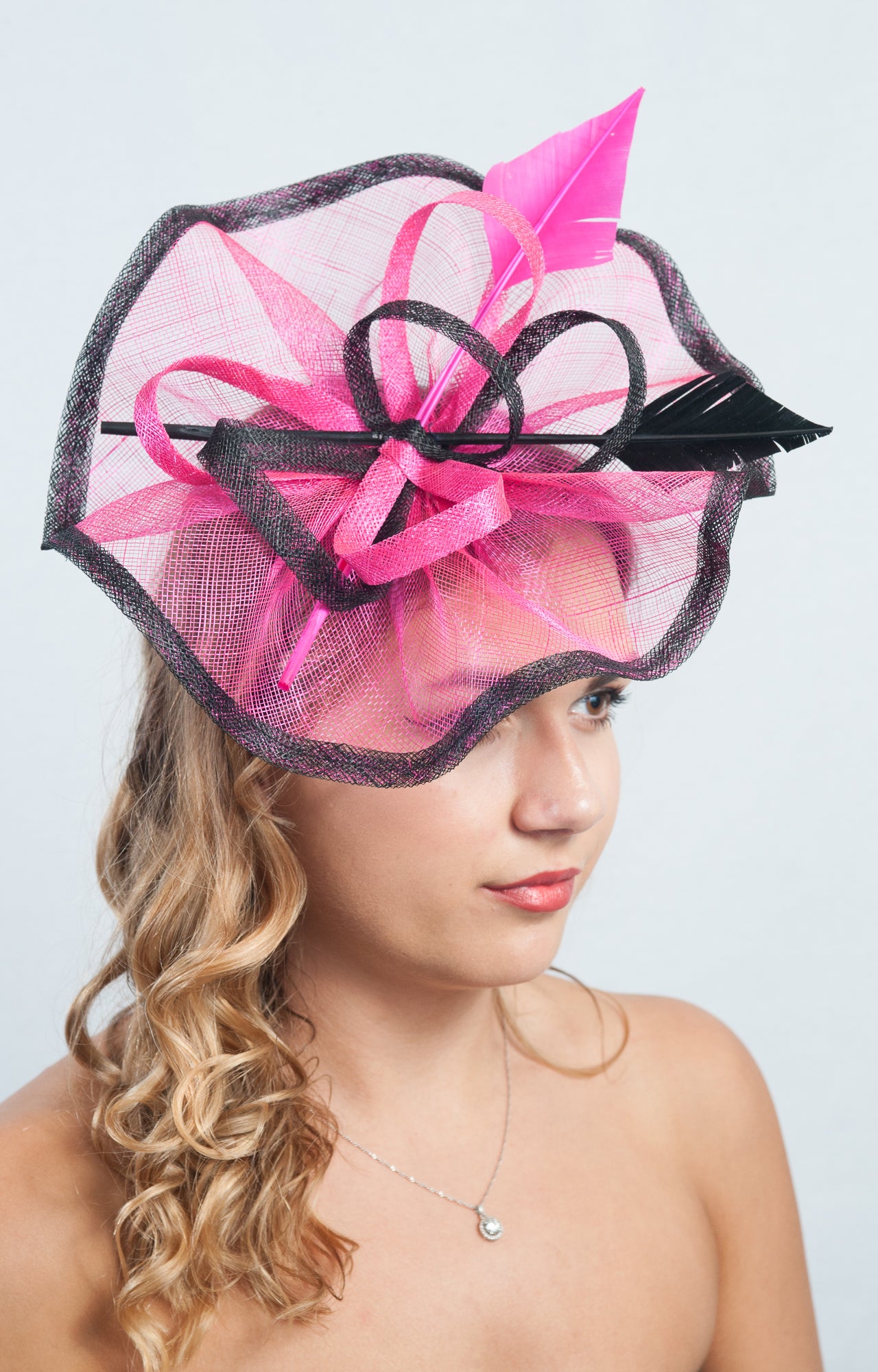 Ruffled Arrow Quill Pink & Black Fascinator