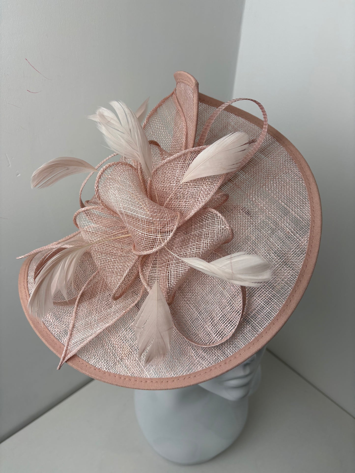 Clarence Blush Pink Sinamay Loop Feather Fascinator
