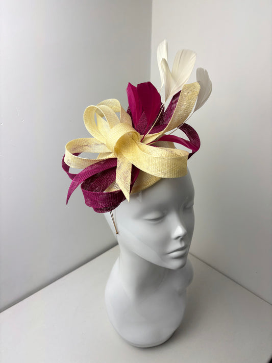 Bespoke Sinamay Sweep Butter Yellow and Fuchsia Pink Fascinator