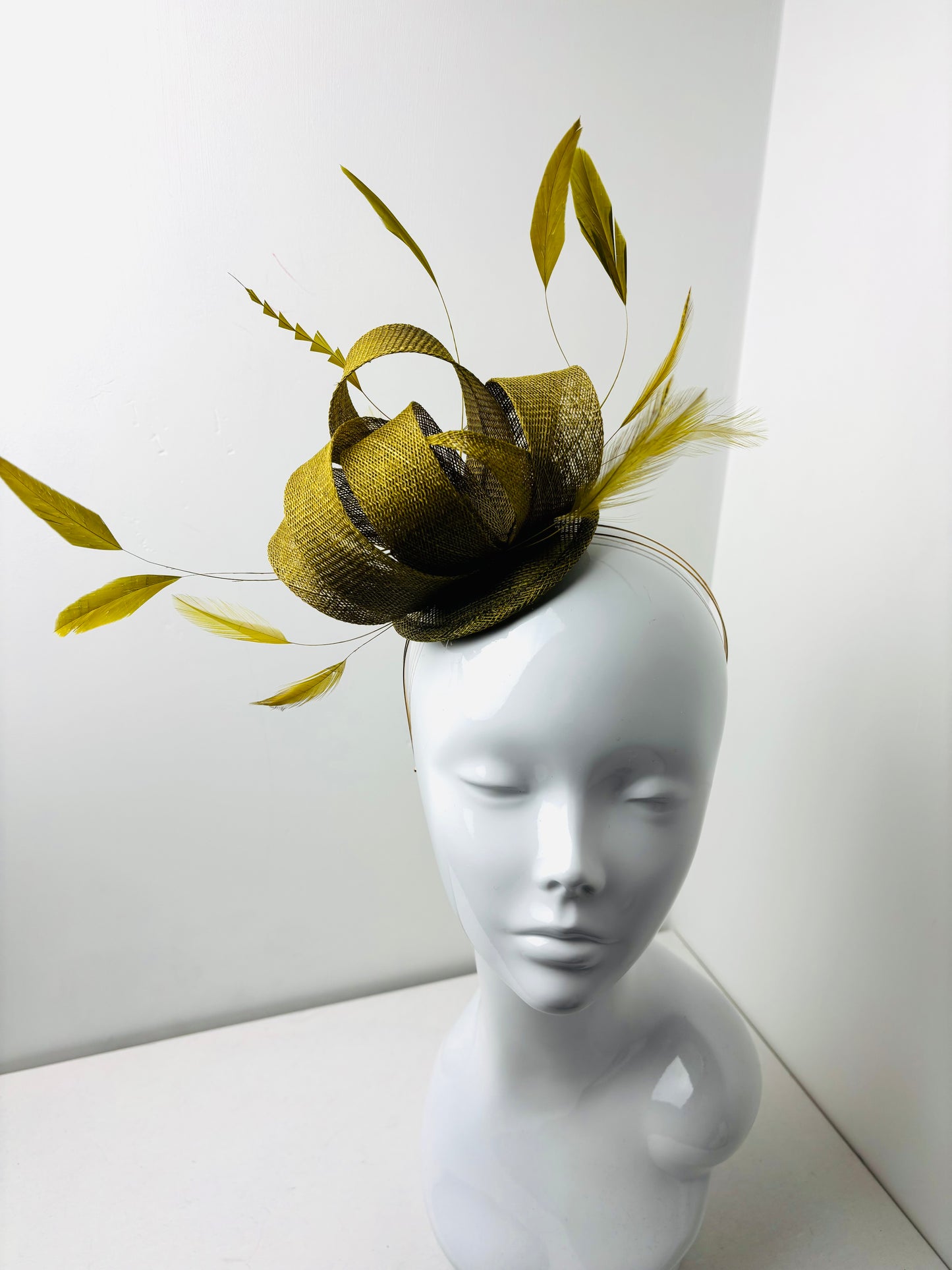 Bespoke Chartreuse Sinamay Swirl Fascinator on Gold Headband
