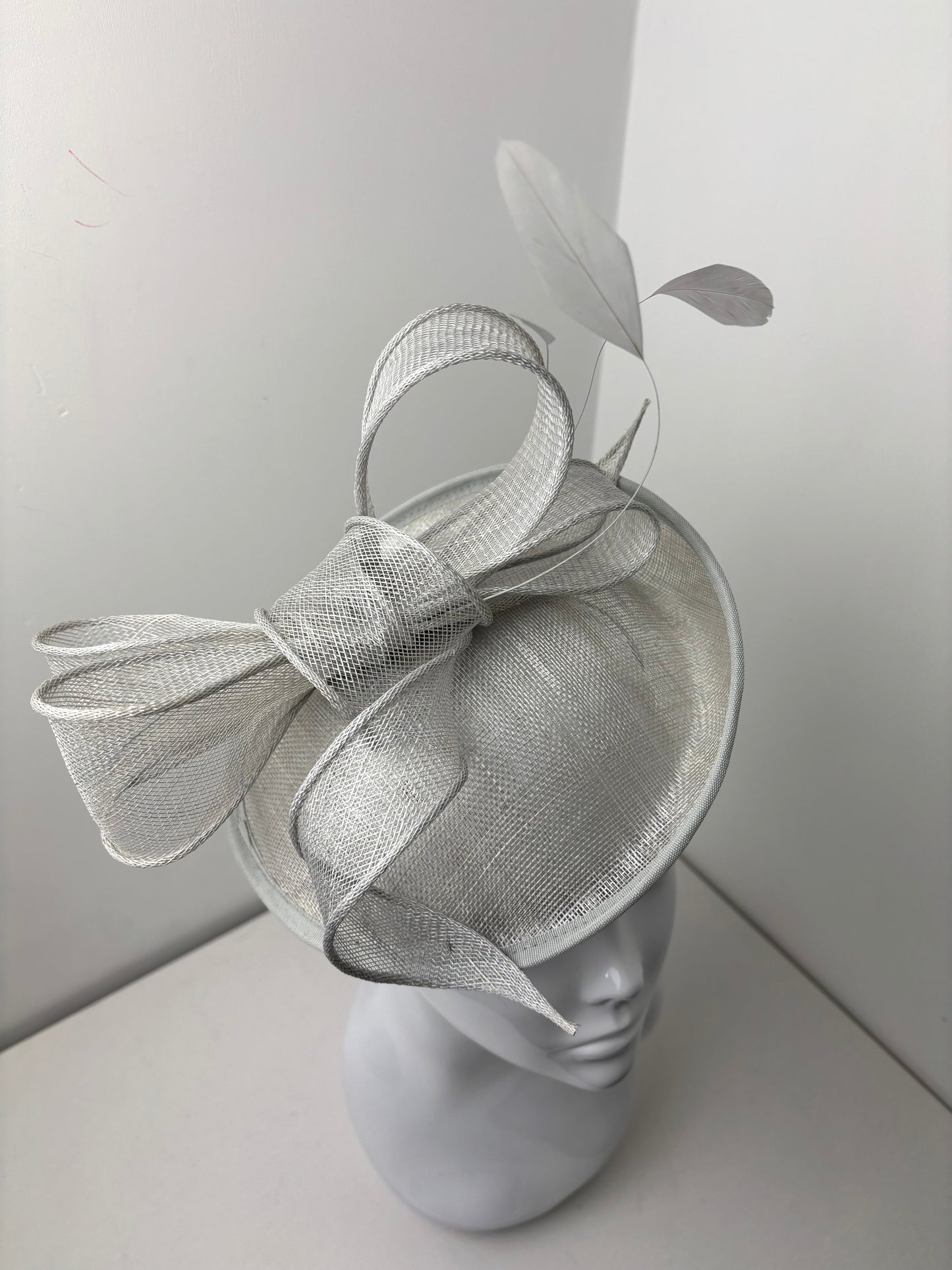Bespoke Elegant Grey Sinamay Fascinator with Sculpted Bow & Feathers