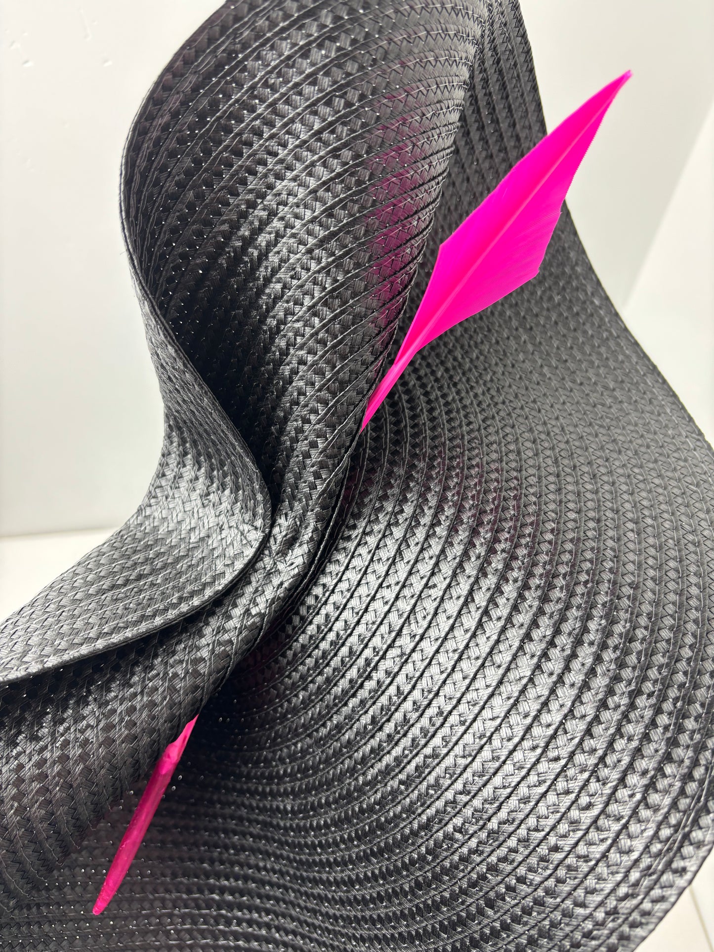 Bespoke Sculptural Black Statement Hatinator with Neon Pink Quill Detail