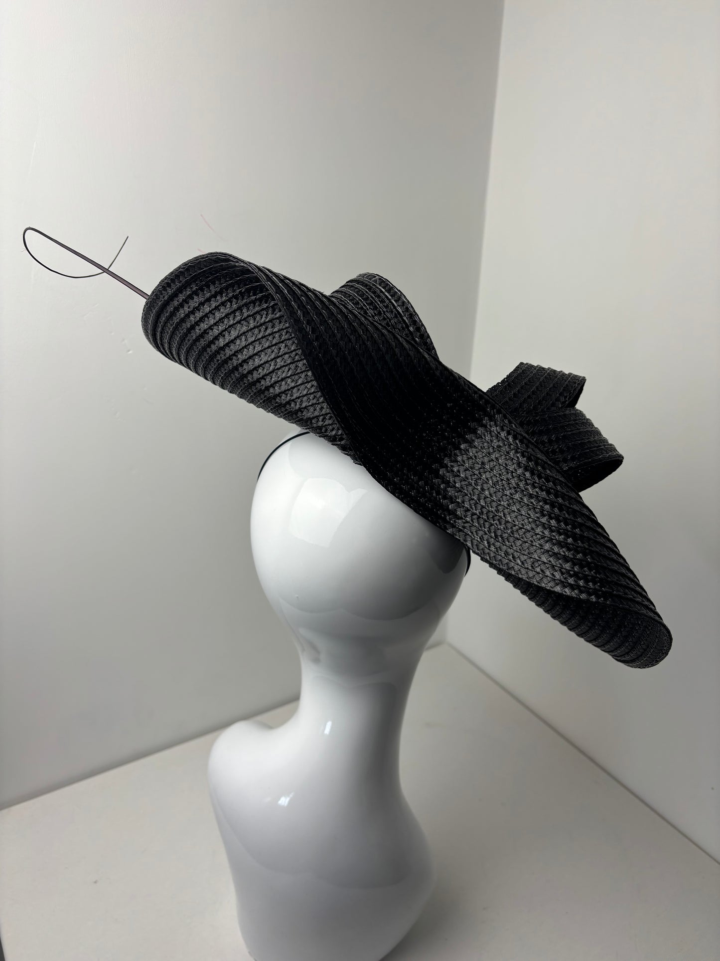 Bespoke Handmade Sculptural Black Fascinator with Stripped Quill
