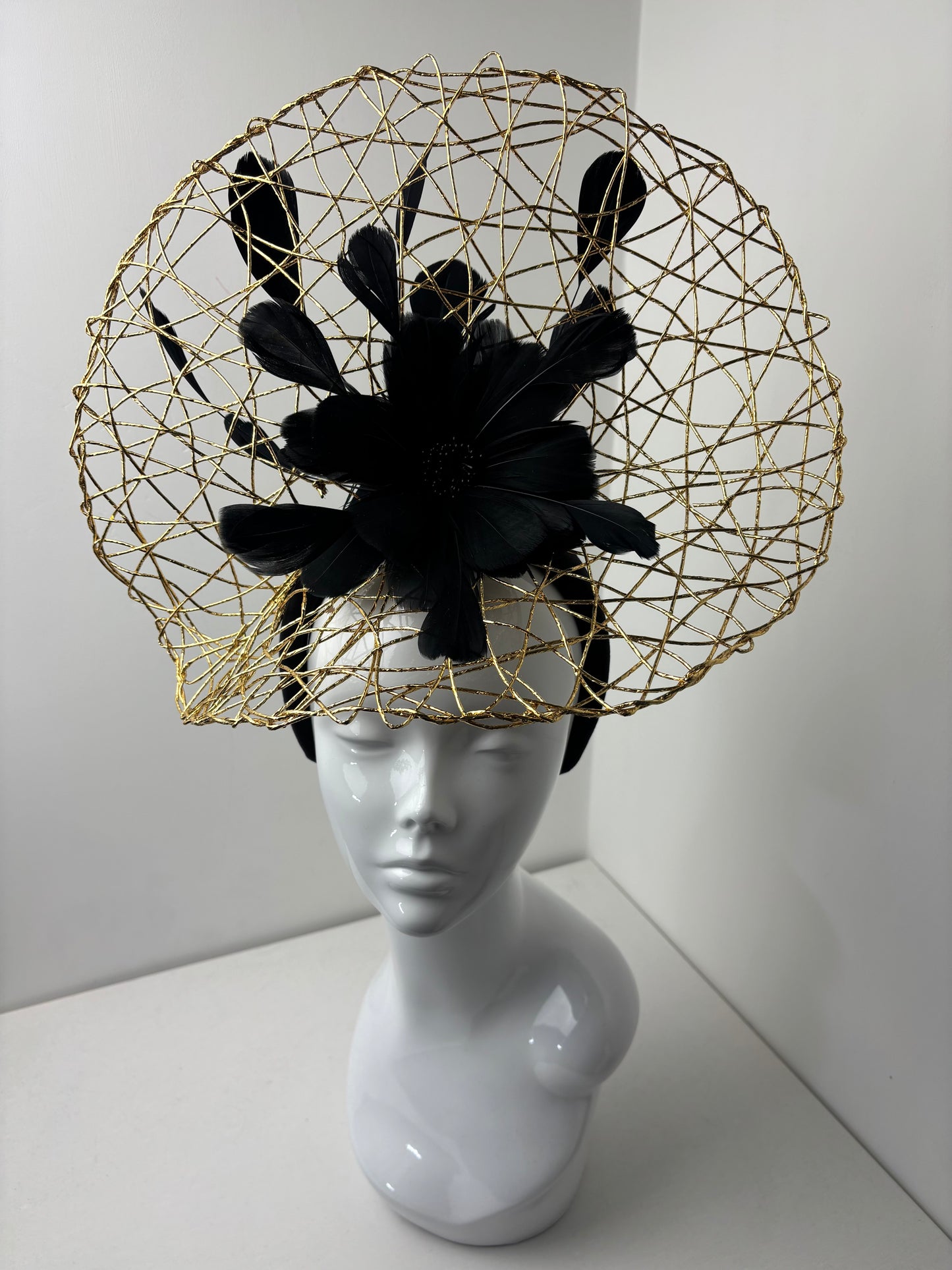 Bespoke Gold Wire Halo Headpiece with Black Feather Flower Fascinator