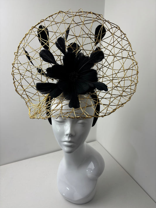 Bespoke Gold Wire Halo Headpiece with Black Feather Flower Fascinator