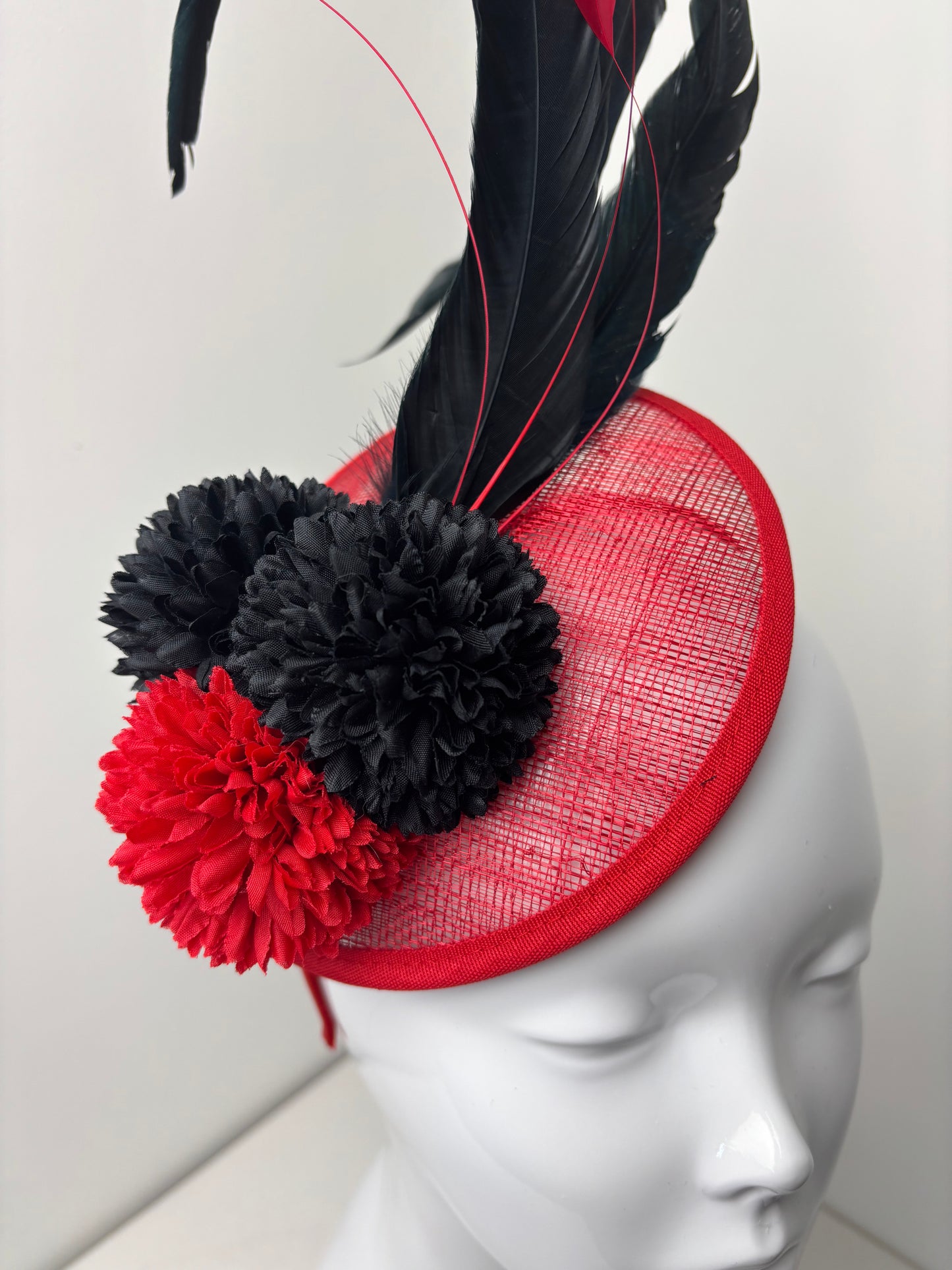 Bespoke Scarlet Noir Feather Fascinator Handmade Red & Black Headpiece