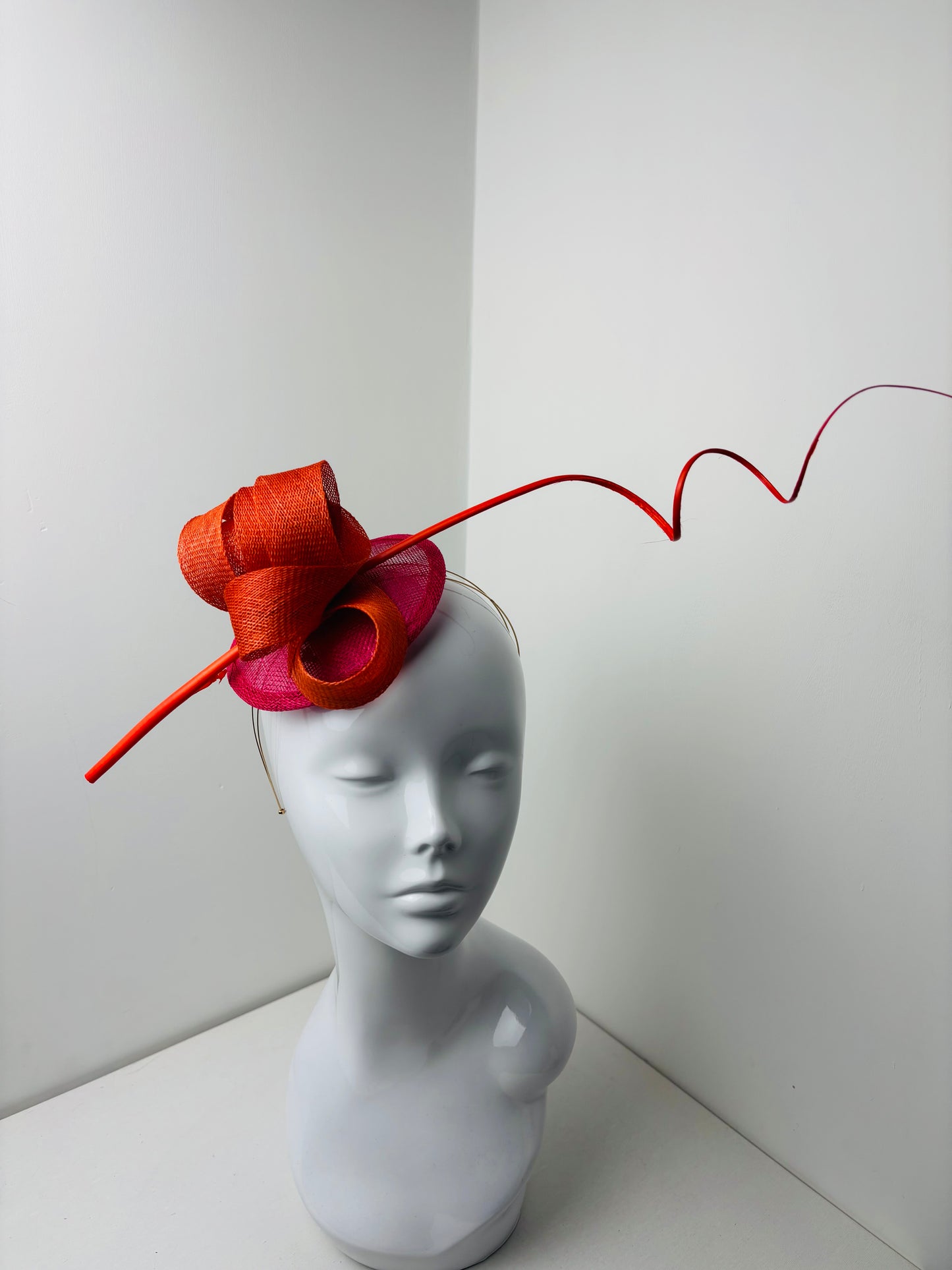Bespoke Burnt Orange & Fuchsia Sculptural Sinamay Headpiece with Statement Quill