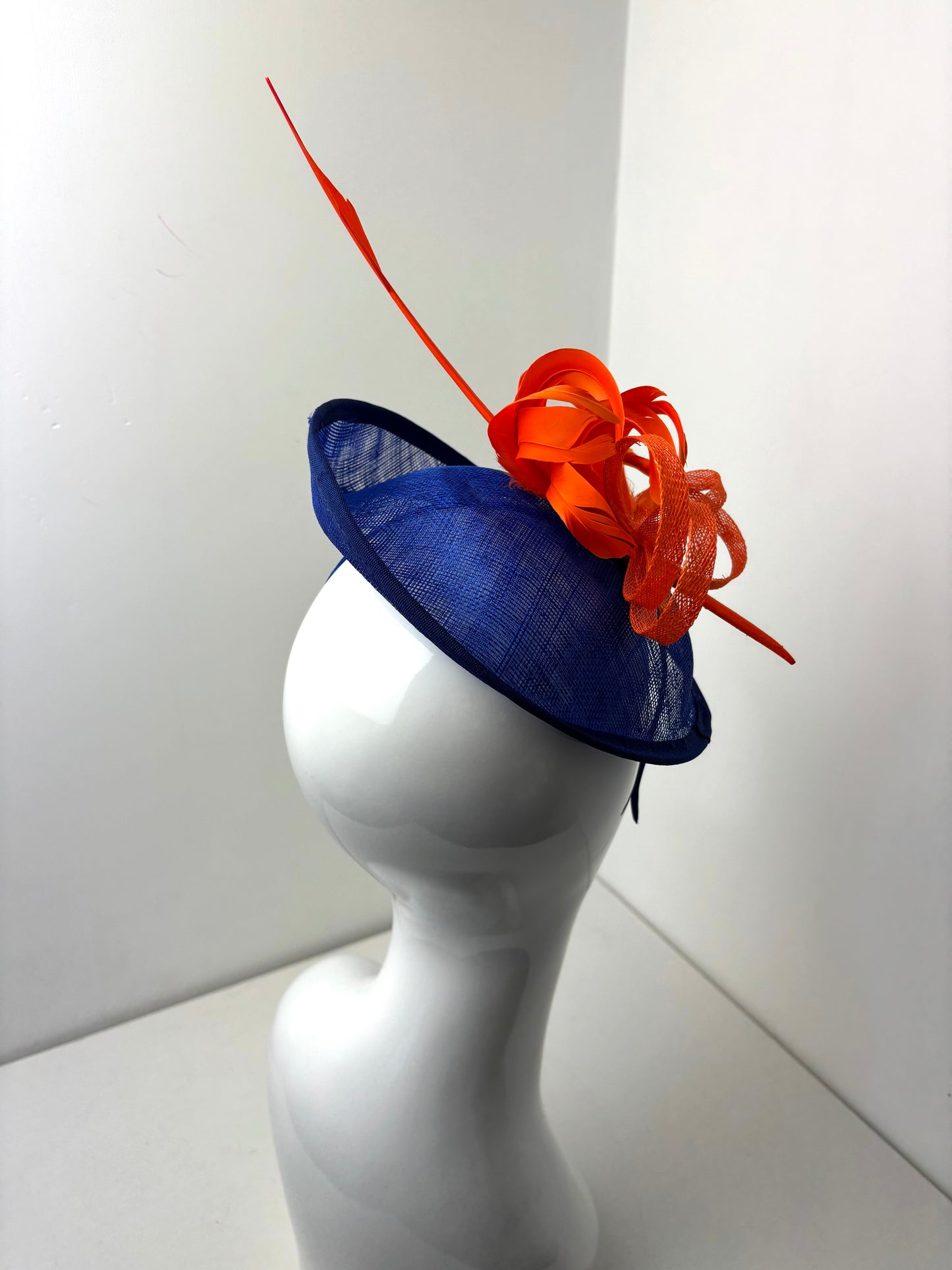 Bespoke Royal Blue & Bright Orange Statement Fascinator with Arrowhead Quill