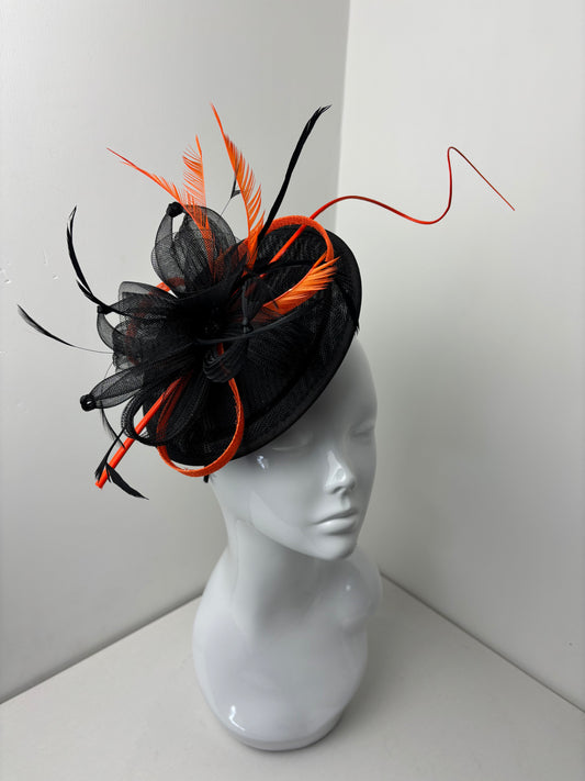 Bespoke Orange and Black Disc Fascinator With Quill