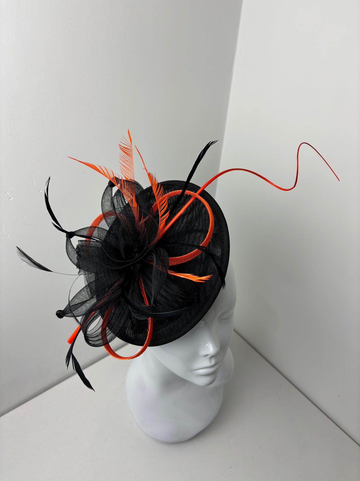 Bespoke Orange and Black Disc Fascinator With Quill