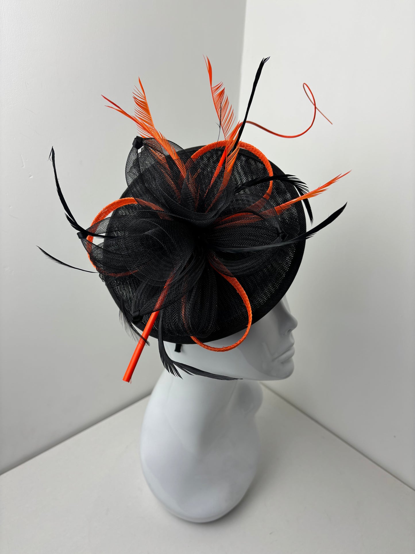 Bespoke Orange and Black Disc Fascinator With Quill