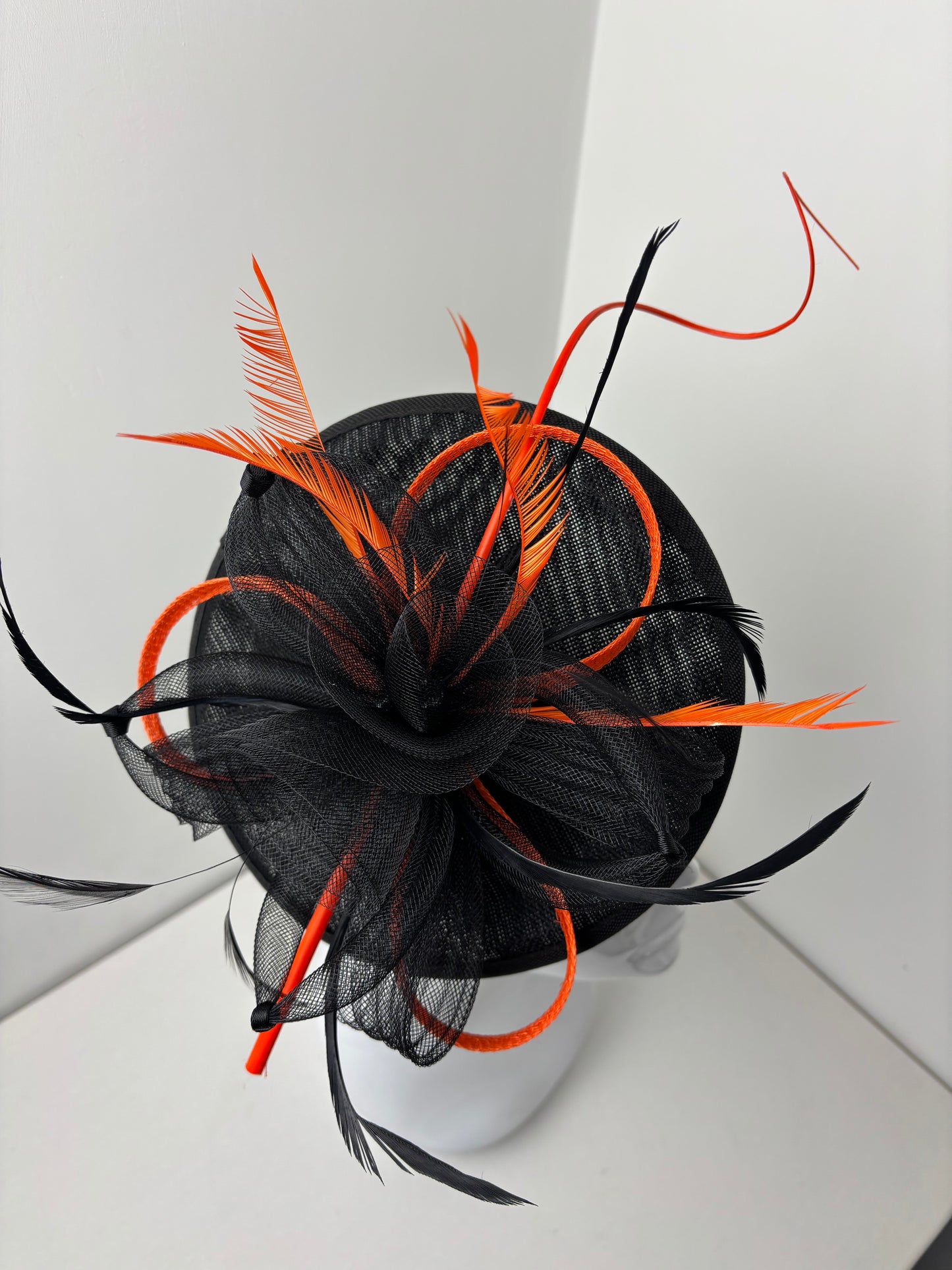 Bespoke Orange and Black Disc Fascinator With Quill