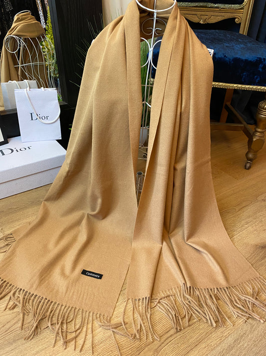 Large Plain Camel Cashmere Fringe Scarf