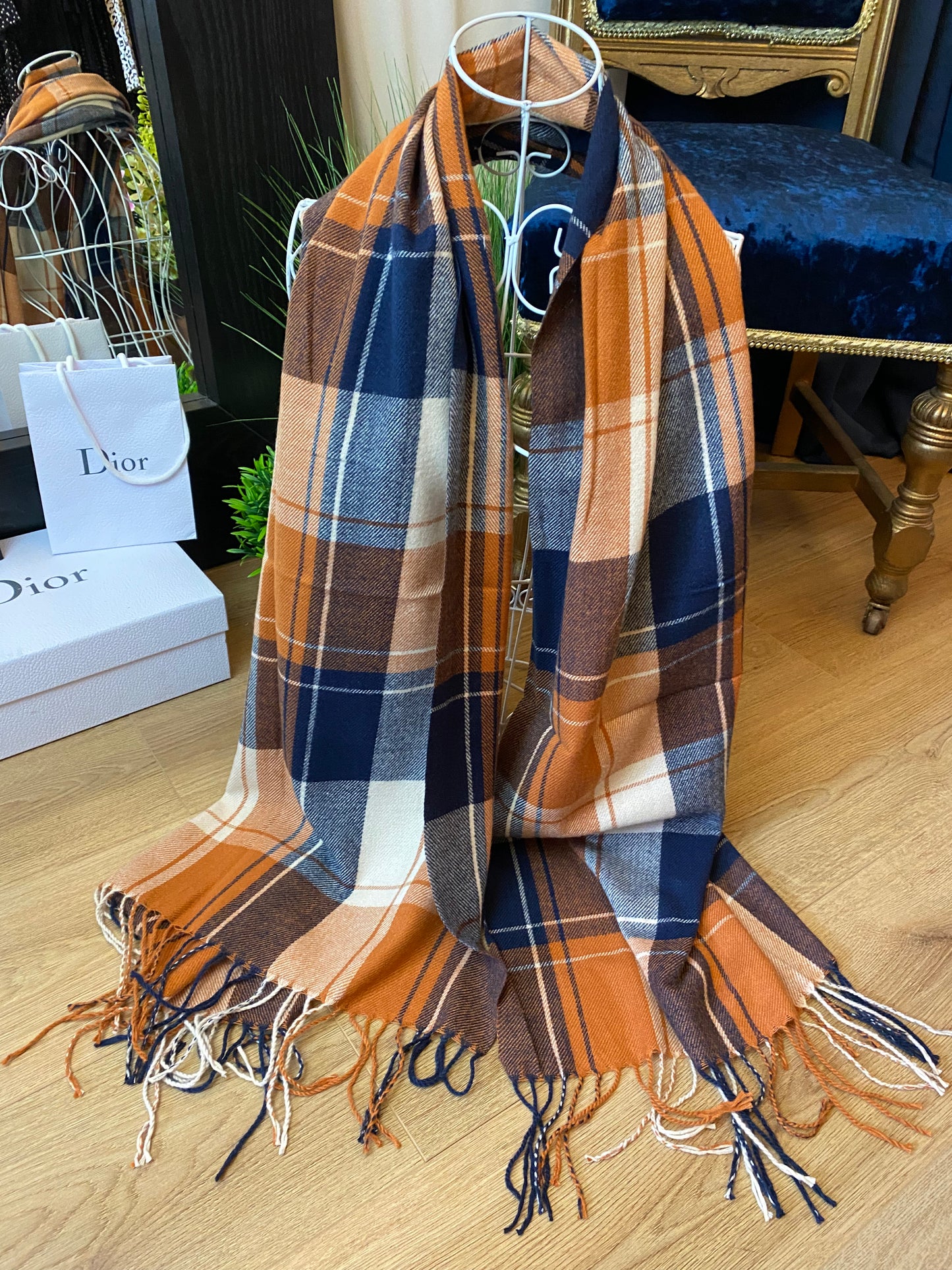 Fairfax Tan & Navy Check Tartan Scarf