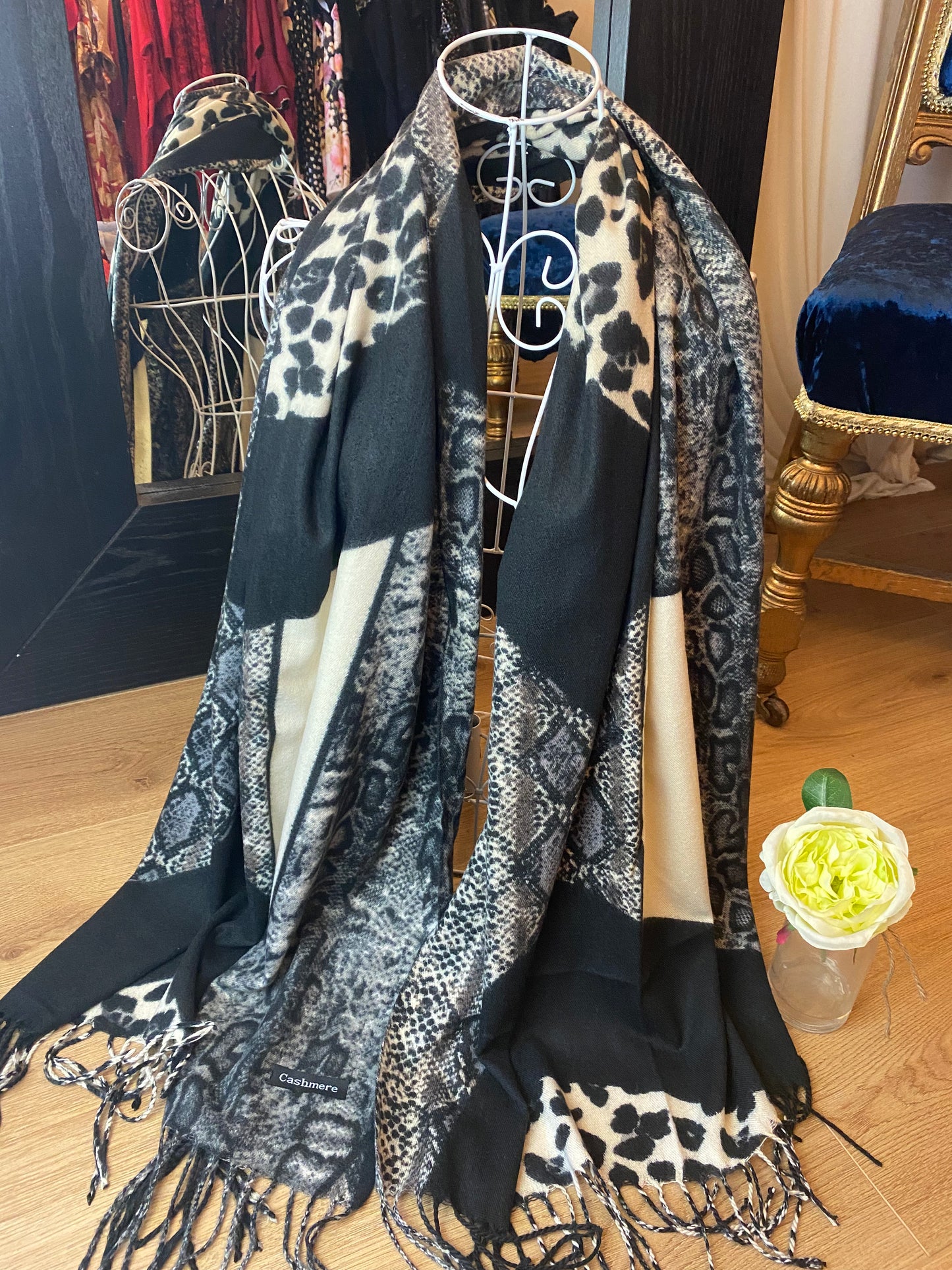 Mixed Animal Print Large Black Scarf