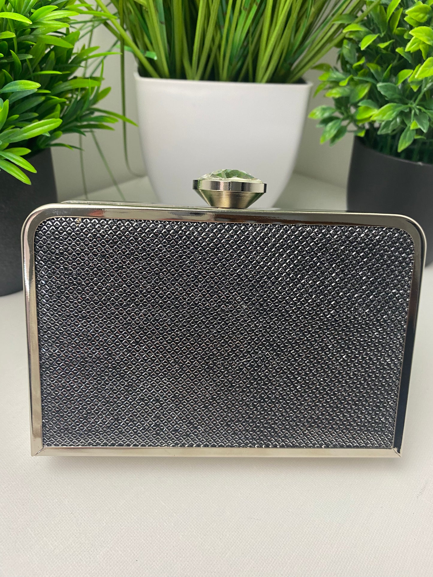 Silver & Charcoal Geometric Box Clutch Bag