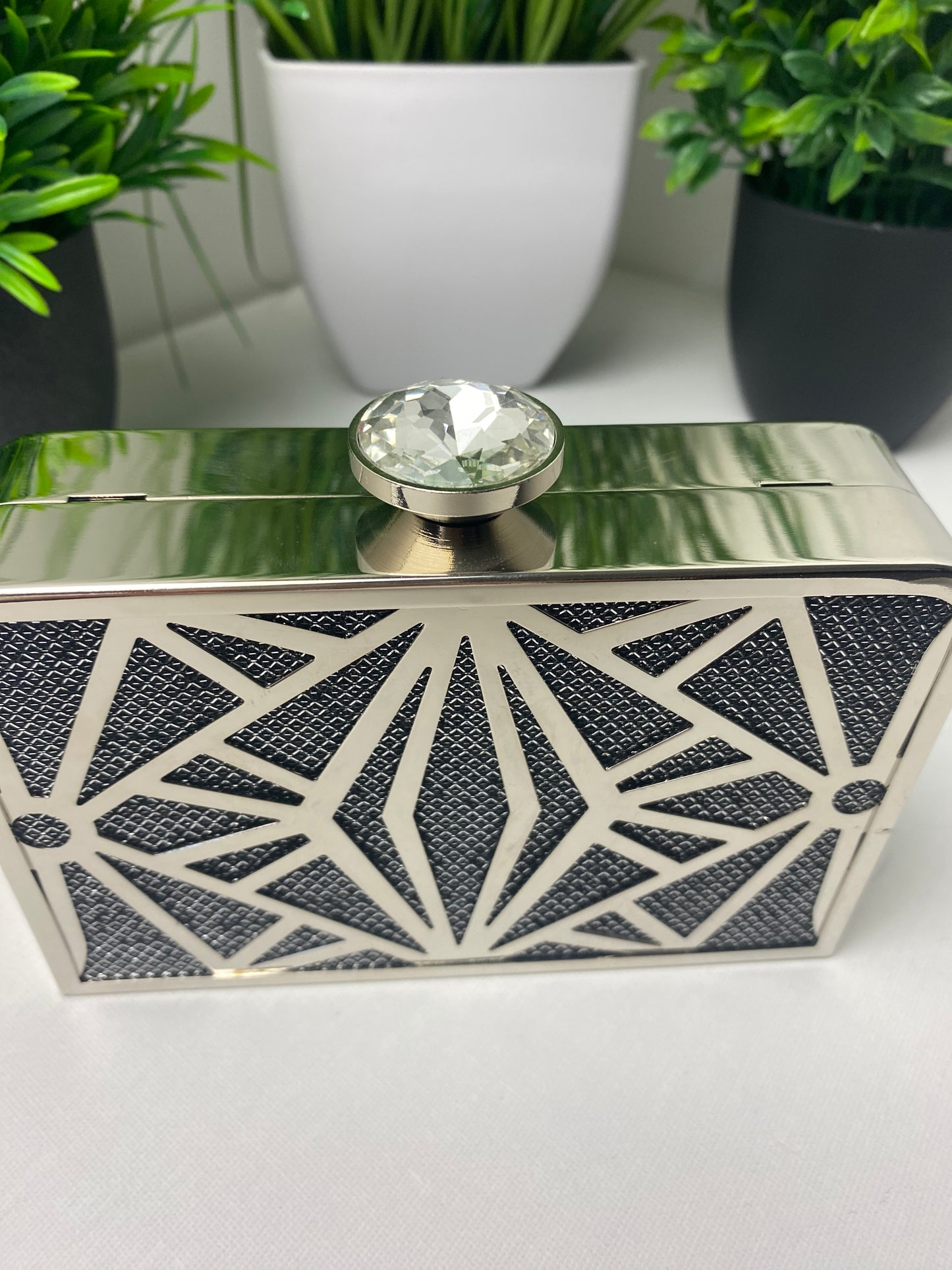 Silver & Charcoal Geometric Box Clutch Bag