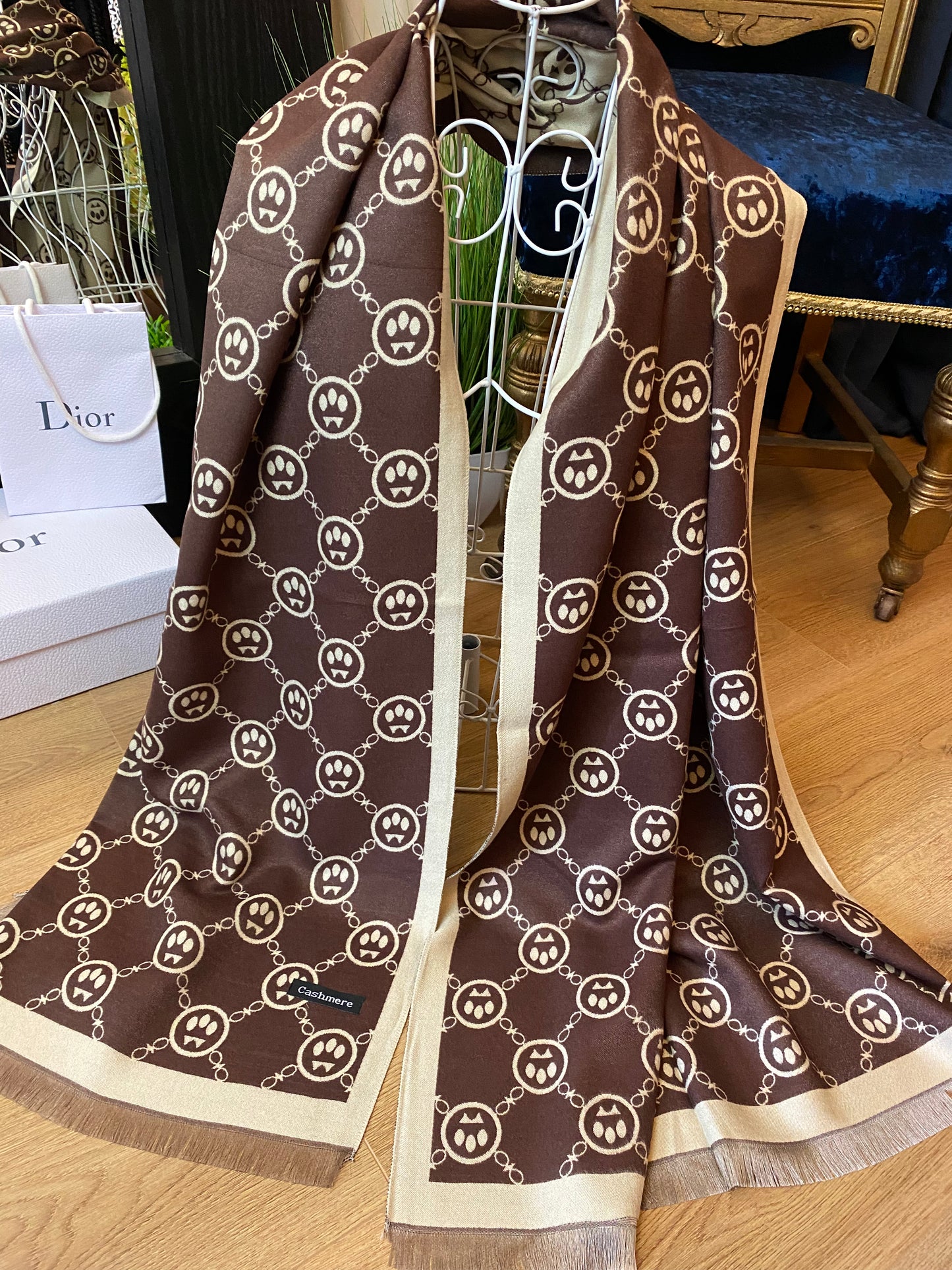 Brown and Beige Monogram Paw Print Large Scarf